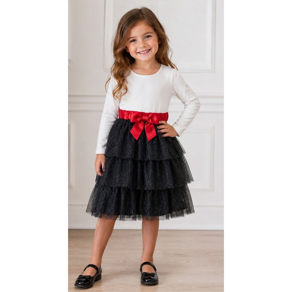 Hanna Andersson Tiered Black Metallic Tulle Dress With Red Bow Size 110/5 Girls